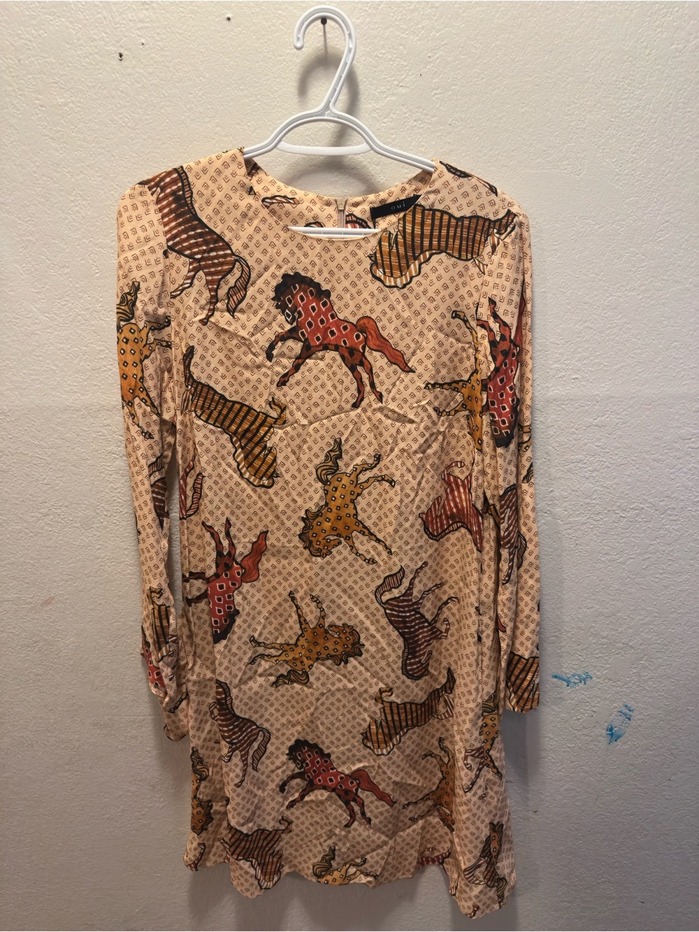 Long Sleeve Beige Horse Print Shift Dress